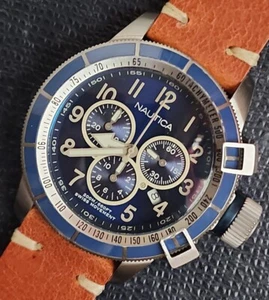 Big Nautica Men’s Swiss Quartz Chrono Movement,Lapis Tone Inlay Bezel & New Band - Picture 1 of 14