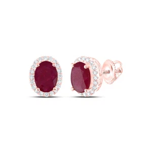14kt Rose Gold Womens Oval Ruby Solitaire Diamond Halo Earrings 2 Cttw - Picture 1 of 1