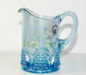 Fenton Button Arch Cream Pitcher Iridescent Blue Hand Painted Floral Art Glass - Picture 1 of 10