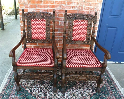 Pair of French Antique Oak Renaissance Armchairs w New Upholstery c 1880 ~ Red ~ Cover