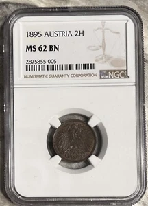 1895 Austria 2 Heller NGC MS 62 BN Top Pop 1/0 - Picture 1 of 4