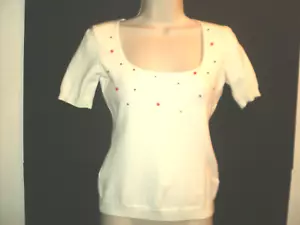 Cache Knit Top Women's Size M White Beaded Accents Short Sleeves Partial Tag - Picture 1 of 5