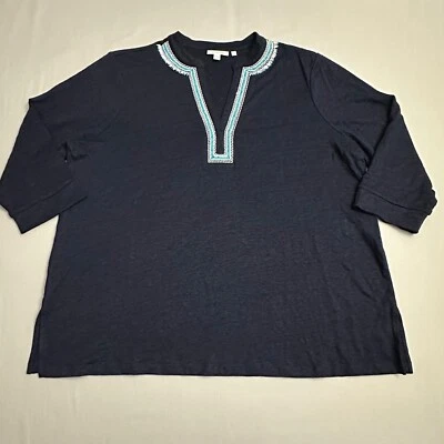 Blusa Chicos Top Mujer Extra Grande XXL Azul Marino Borde con Cuentas 100% Lino Foto 1 de 4