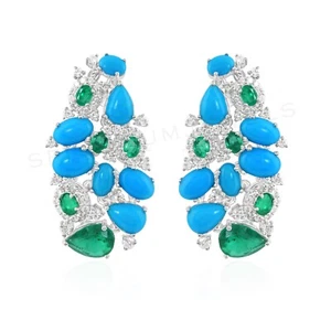 Zambian Emerald Turquoise H/SI Diamond Cluster Earrings 18k White Gold 6.70 Tcw - Picture 1 of 11