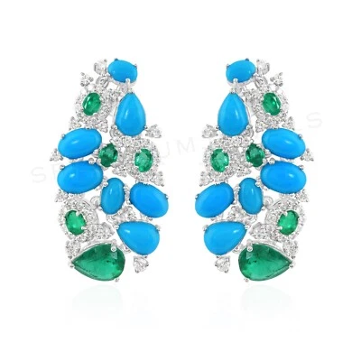 Zambian Emerald Turquoise H/SI Diamond Cluster Earrings 18k White Gold 6.70 Tcw - Image 1 of 4