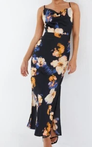 Quiz Size 14 Black Satin Floral Midaxi Dress - Picture 1 of 11