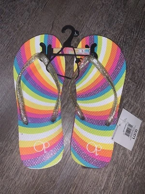 OP girls sz 2/3 rainbow glitter flip flops nwt pink purple gold neon - Image 1 of 4