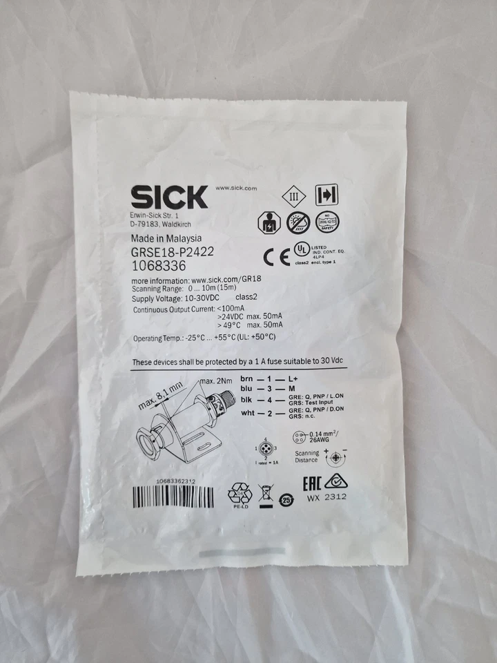 Sick GRSE18-P2422 1068336, M18 Metal, Axial, Through-beam, PNP, M12 4-pin plug - Image 1 of 2