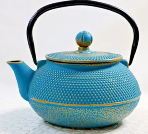 Teal w/ Gold Color Trim Cast Iron Teapot with Stainless Steel Infuser  35-40 oz - Picture 1 of 7