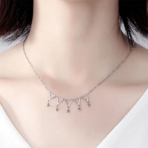 Pure Platinum 950 Chain Women Triangle Bead Tassel O Link Necklace 3.7-3.9g - Picture 1 of 5