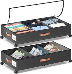 Under Bed Storage with Wheels, 2 Pack Organizer Bins with Dividers & Clear Lids - Picture 1 of 9