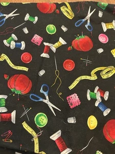 Blk Fabric With Sewing Notions.  42”wide. Fabric Traditions  2005.  3 3/4 Yd - Picture 1 of 1