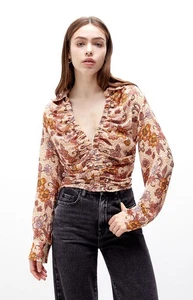 Free People Damen I got you Bedrucktes Top Bluse Gr. L Blumenmuster Langarm - Bild 1 von 17