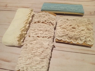 Lot Vintage Lace Gathered White Lace Blue Flat Lace Ivory Vintage Lace Trims - Image 1 of 3