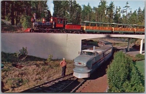 1950s PORTLAND ZOO Ore. Postcard Miniature Railroad / Streamliner & Steam Trains - Picture 1 of 2