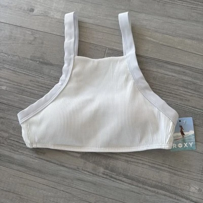 Roxy - Bralette sin mangas con cuello redondo acanalado blanco ajuste elástico pequeño Foto 1 de 3