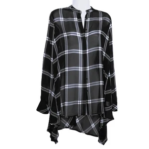 a.n.a. A NEW APPROACH Plaid Tunic Top Semi Sheer Assymetrical Black Gray White S - Picture 1 of 6