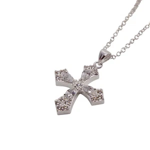 Kreuz Anhänger Glitzer Zirkonia Kristall-Steine Damen Schmuck Kette silber - Bild 1 von 5