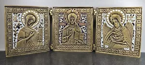 Antikes russisches Triptychon Diesis reisende Ikone Messing Emaille 51/2" x 151/8" - Bild 1 von 20
