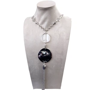 2013 CHICO'S Hammered Silver Tone Disc Lucite Tassel Necklace 24" 4"Extenion - Picture 1 of 10