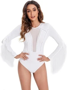 SweatyRocks langärmeliger Damen-Overall mit kalten Schultern und Fransen durchsichtig Netz Body - Bild 1 von 6