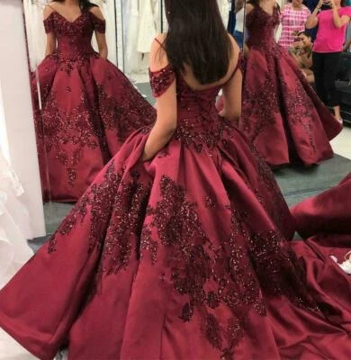 Burgundy Quinceanera Dress Glitter AppliqueOff Shoulder Beaded Pageant Ball Gown - Image 1 of 4