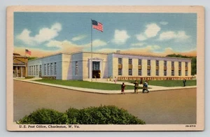 Postcard U.S. Post Office Charleston West Virginia Unposted Linen People Flags - Bild 1 von 2