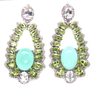 Gemma 10x14 MM Verde Calcedonio,Topazio,Peridoto & Zircon Orecchini 925 Argento - Foto 1 di 4