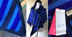 NWT NEW $98 POM SHAWL SHIMMERING AMSTERDAM SCARF PERIWINKLE BLUE BLACK FRINGE - Picture 1 of 12