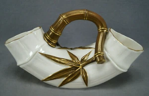 Royal Worcester Aesthetic Ivory & Gold 10 1/4 Inch Bamboo Porcelain Double Vase - Picture 1 of 12