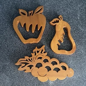 Vintage Wood Carved Hanging Wall Plaque Fruits Hand Carved MCM Lot of 3 - Picture 1 of 10