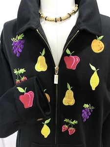 NWT QVC BOB MACKIE 100% COTTON FRUIT EMBROIDERED FRONT ZIP BLACK JACKET SZ M - Picture 1 of 12