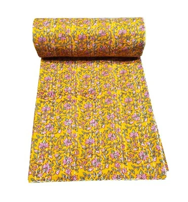 Hand Block Print Kantha Quilt Cotton Blanket Throw Indian Bedspread King Kantha - Image 1 of 3