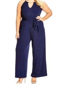 City Chic Plus Size Jumpsuit Size XS V Neck Bar French Navy Pockets Tie Waist - Picture 1 of 15