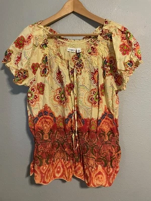 Blusa Cato Para Mujer Grande Amarilla Roja Boho Campesina Top Paisley Cuentas Algodón Y2K Foto 1 de 4