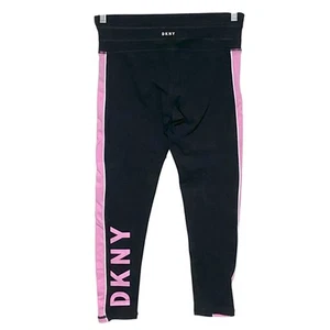DKNY Sport Black Leggings Pink Spell Out Logo Tape Drawstring Pull On Womens M - Picture 1 of 10