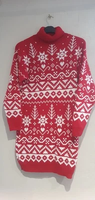 PRETTY BOOHOO RED WHITE FAIRISLE KNITTED CHRISTMAS JUMPER DRESS SIZE 16 18  - Image 1 of 4