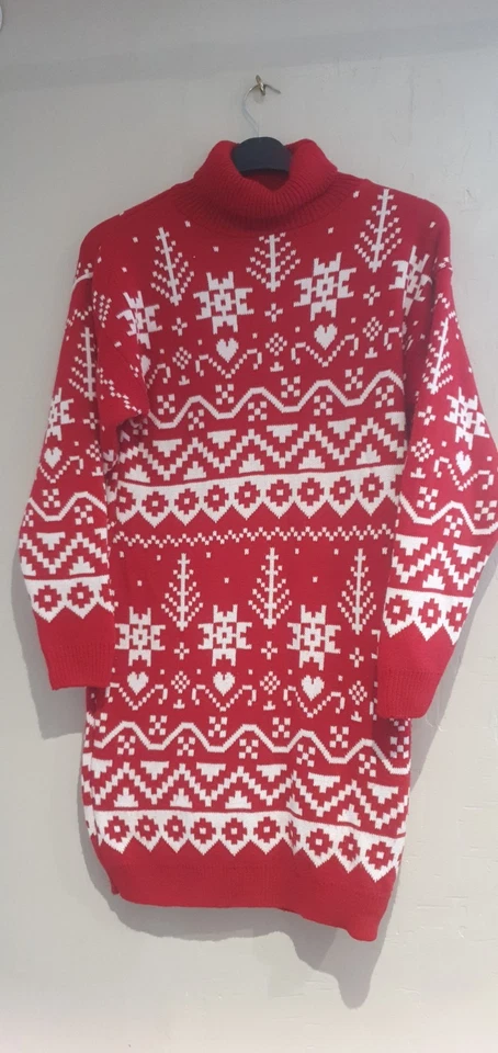 PRETTY BOOHOO RED WHITE FAIRISLE KNITTED CHRISTMAS JUMPER DRESS SIZE 16 18  - Image 1 of 4