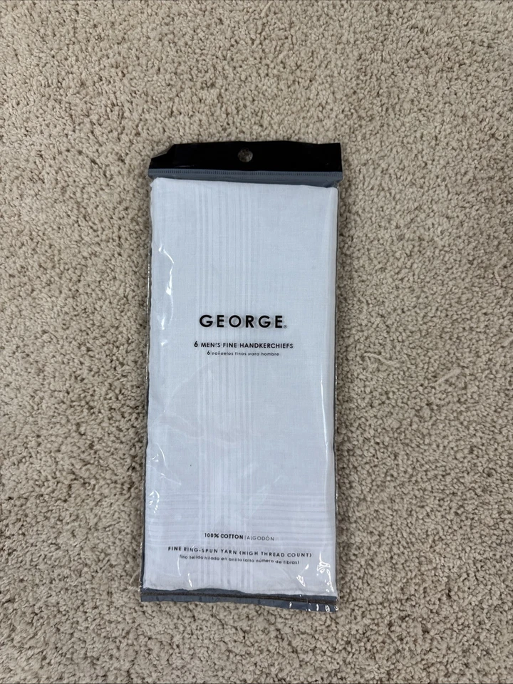 1 Pkg of 6 George Men's Fine Handkerchiefs 100 Cotton White