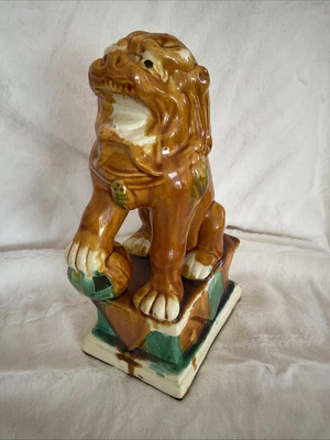 VTG 10" Chinese Green Brown  Glaze FOO DOG LION Dragon Palace Buddhist Figure - Image 1 of 4