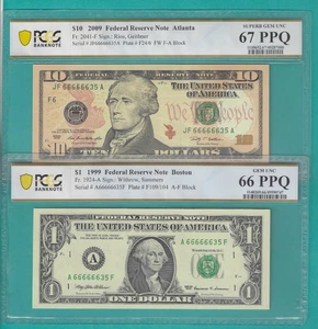 $1 and $10 2X Matching Serial Number SOLID 6s 66666635 PCGS Graded 66/67 - Picture 1 of 2