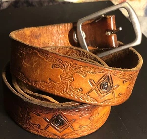 Vintage 1970er Jahre Original Leder handbesetzt/gestempelt Freimaurer Freimaurer Herren Gürtel 47" - Bild 1 von 10