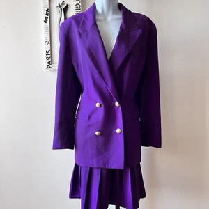 Tuta vintage Saville 100% lana due pezzi gonna plissettata viola taglia 12 - Foto 1 di 14