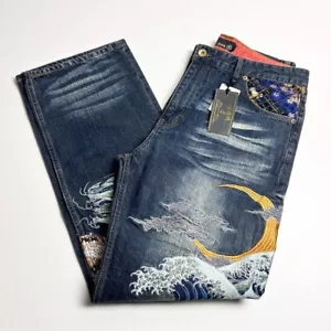 Unused Karakuri Tamashii Denim Jeans Pants Waves Embroidered Blue Size 38 - Picture 1 of 10