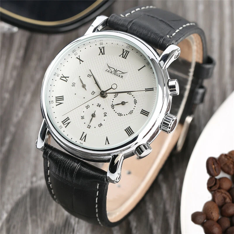 Reloj de pulsera mecánico automático con esfera blanca clásico para hombre JARAGAR correa de cuero genuino Foto 1 de 4
