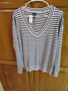 Women's Gap V neck Sweater Top - Navy white stripe - Large Tall - NEW w/tags - Picture 1 of 9
