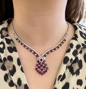 Vintage Ruby and Diamond Necklace in 18k White Gold - HM2491N - Picture 1 of 11