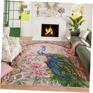 Living Room Rug 5x7 Rug Machine Washable Floral Peacock Area Rug Non Slip - Picture 1 of 8