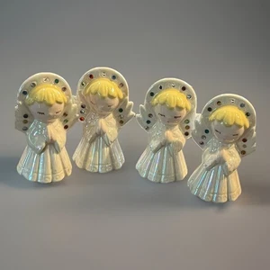 Set di 4 statuine vintage MCM in ceramica con gemme angelo che prega, - Foto 1 di 18