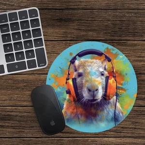 Capybara Round Mouse Mat Pad Funny Computer PC Laptop Gaming DJ Headphones - Picture 1 of 1